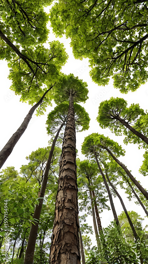 Fototapeta premium Green palm tree trunks stand tall amidst the natural forest landscape, their leaves reaching towards the summer sky