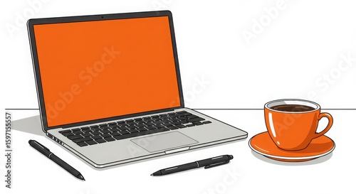 Laptop with orange screen next to a cup of coffee and two pens on a white desk
