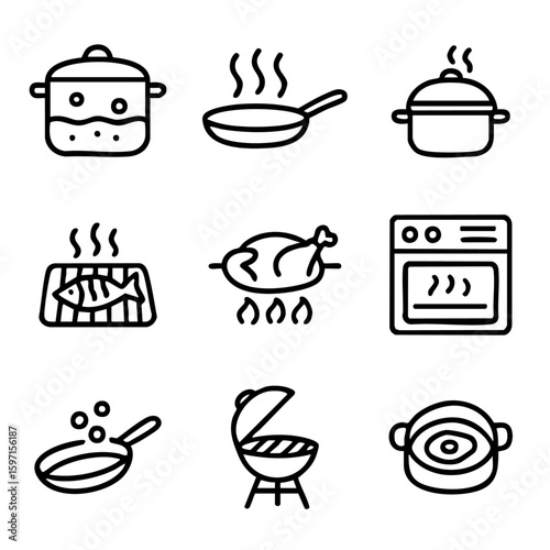 A set of doodle line icons showing various cooking methods and kitchen tools including boiling, frying, grilling, and baking