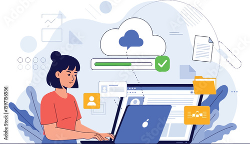 Girl uploading files to cloud server using laptop