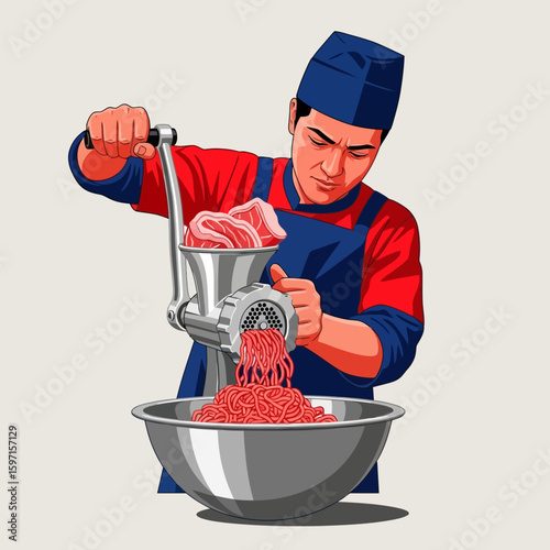 Butcher Mincing Meat with a Manual Grinder Into a Metal Bowl