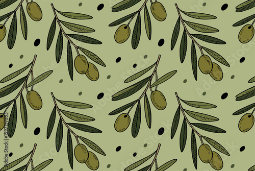  a seamless pattern composed of stylized olive branches with ripe olives and scattered black dots on a light green background. 