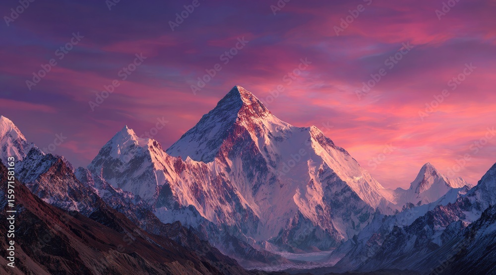 Fototapeta premium Majestic snow-capped mountain peak at sunset, bathed in vibrant pink and purple hues, surrounded by a range of smaller peaks
