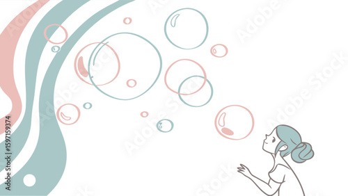 A girl looks up at floating bubbles with pink and blue wavy lines on a white background scene art