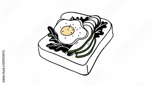 Illustration of avocado toast with a fried egg and leafy greens on white bread slice vector