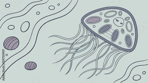 Stylized jellyfish with long tentacles floating in a simple underwater environment illustration