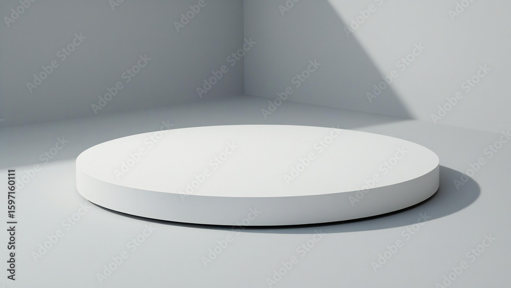 Fototapeta premium Minimalist white circular platform in a softly lit corner
