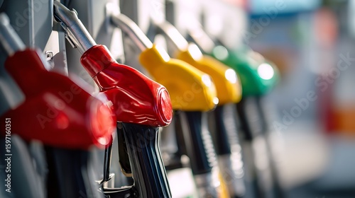 Macro Shot of Vivid Red, Yellow, and Green Fuel Pump Nozzles at Gas Station