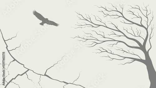 Illustration of a soaring eagle, a bare tree, and cracked ground against a light background color