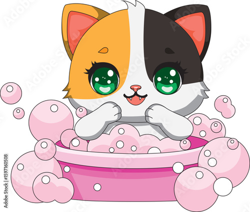 Happy Cat Inside The Tub With Bubbles Vector