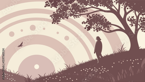 Silhouette of a person standing on a hill with a tree and a bird flying in the sky at daytime