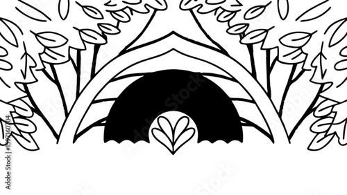 Black and white symmetrical design featuring trees arch and heart shaped leaf in the center bottom area