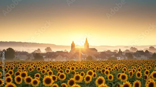 Sunlit Village and Sunflower Field at Sunrise