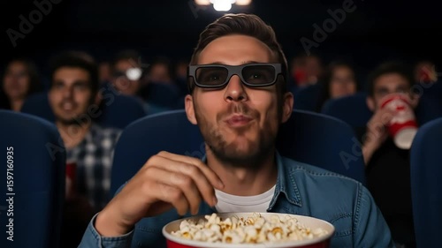 Smiling Man Wearing 3D Glasses Eats Popcorn in Dark Movie Theater