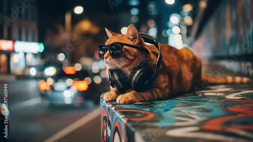 Stylish Cat in Sunglasses and Headphones on Graffiti Ledge at Night
