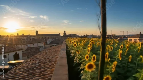 Sunset Over a Rooftop Sunflower Garden and Historic Town