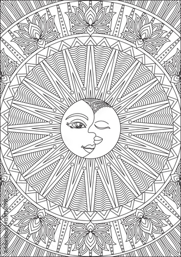 Sun And Moon Mandala Coloring Page For Adult Vector