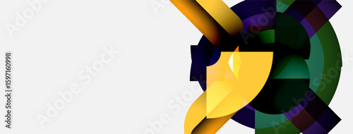 Abstract design features overlapping colorful shapes. Yellow dominates right side, contrasted by darker hues. Modern, dynamic composition.