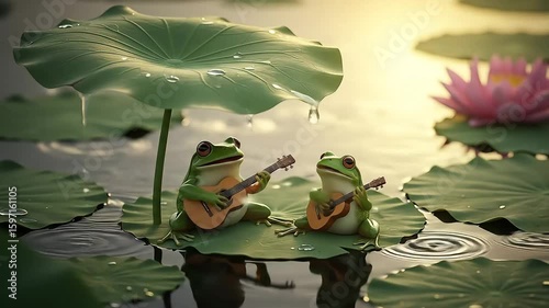Two Frogs Play Guitars Under a Lotus Leaf in the Rain
