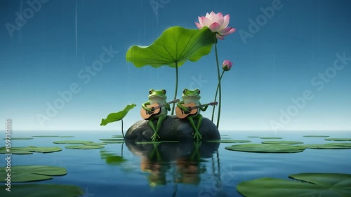Two Frogs Playing Guitars Under a Lotus Leaf in Gentle Rain