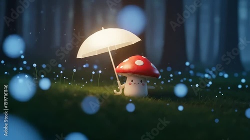 Whimsical Glowing Mushroom Under Umbrella In Sparkling Forest At Night