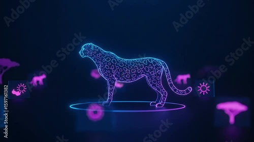 Cinematic Orbit of Glowing Cheetah with Pulsating Safari Icons