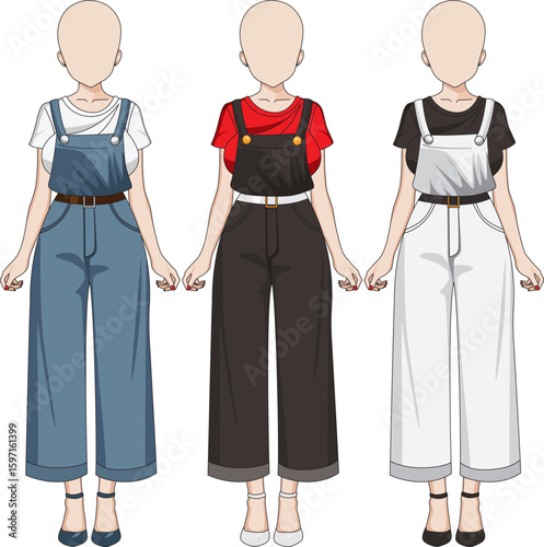 Girl In Dungaree Anime Female Character In 3 Colors Set Vector