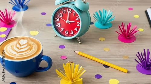 Colorful Monday Desk Flatlay: Coffee, Alarm Clock, and Confetti