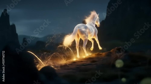 Ethereal Glowing Horse Gallops Across Dark Surreal Landscape