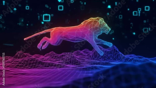 Glowing Low Poly Lion Leaps Over Neon Wireframe Terrain