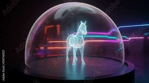 Glowing Wireframe Horse in Translucent Dome Futuristic Neon Space