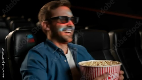 Man Laughing in Movie Theater with 3D Glasses and Popcorn