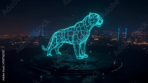 Neon Panther Statue Orbiting Shot at Night