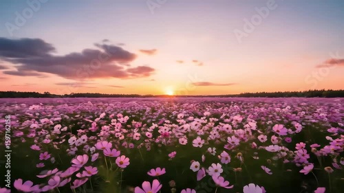 Pink Cosmos Field at Sunset: Soft Light and Calm Atmosphere