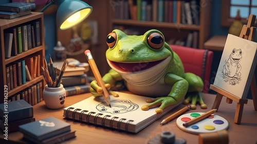 Smiling Frog Artist Sketching in Cozy Colorful Workspace