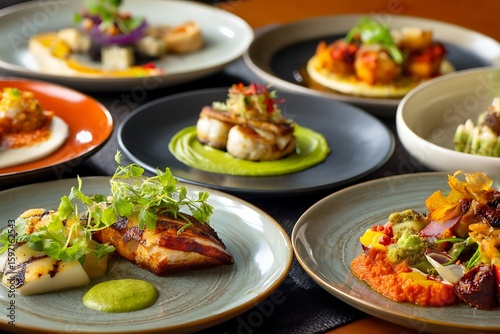Contemporary Mexican cuisine plated elegantly, fusion dishes, professional food styling, shallow depth of field, premium commercial photography