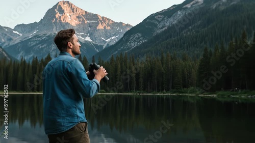 Wallpaper Mural Man uses binoculars to enjoy serene mountain lake view at sunset. Torontodigital.ca