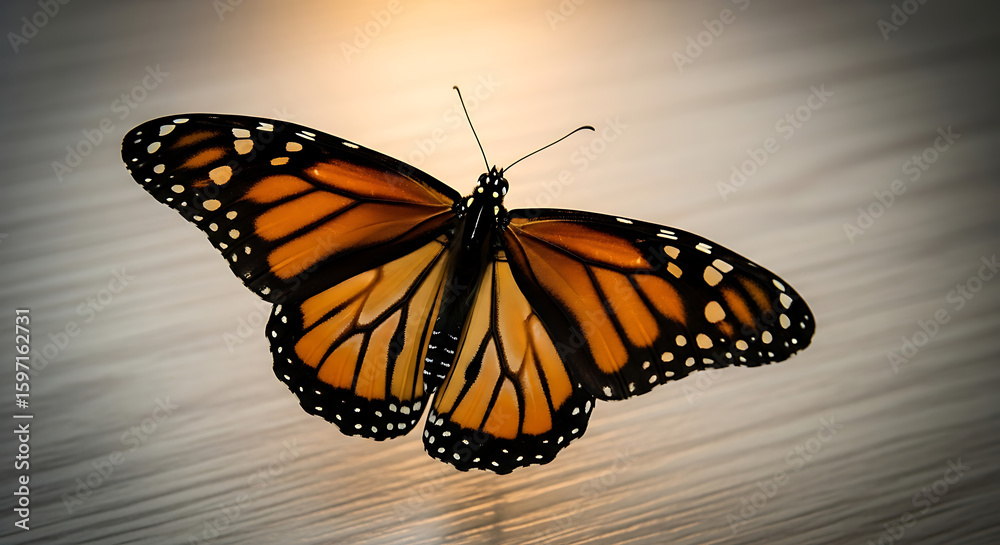 Fototapeta premium Monarch Butterfly Beauty Graceful insect with detailed wings in vibrant orange and black patterns resting delicately on neutral surface. 
