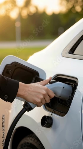 Electric vehicle charging action outdoor parking lot automotive content sunset environment close-up viewpoint eco-friendly concept for sustainable living