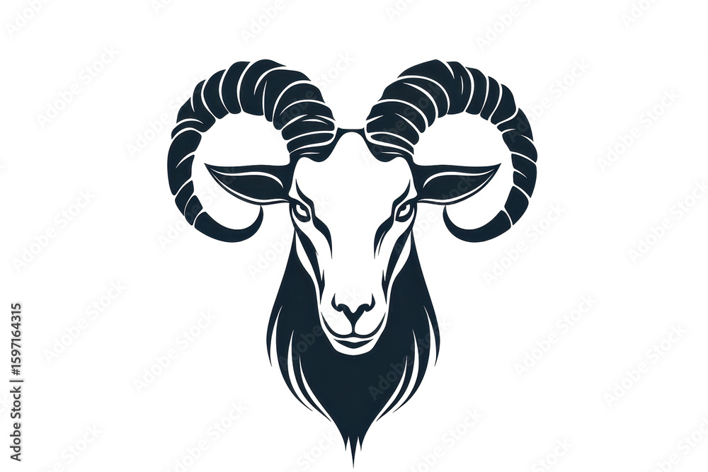 Fototapeta premium Symmetrical goat logo with curled horns, white background in silhouette .