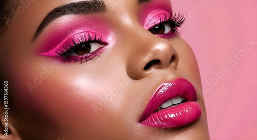 A woman's face with pink makeup and glossy lips against a pink background, showcasing a vibrant beauty look. AI Generated