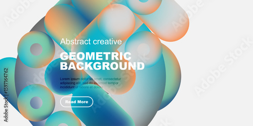 Fluid shapes, vibrant colors create modern abstract background. Text promotes further engagement via button.