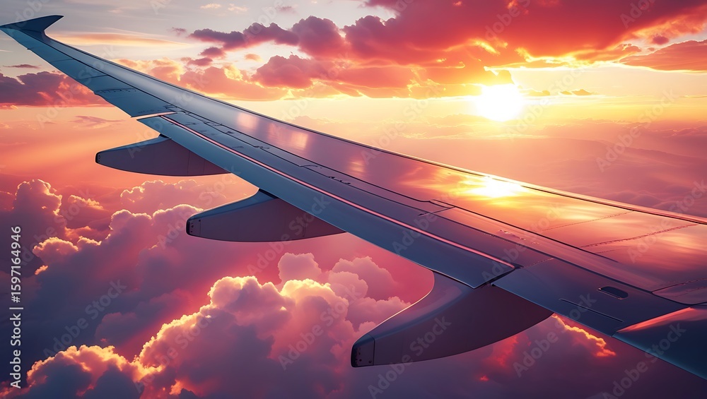 Obraz premium Airplane wing with sunset or sunny sky
