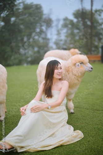 Wallpaper Mural A woman in a striped dress sits on the grass smiling, surrounded by fluffy alpacas in a peaceful outdoor setting. Torontodigital.ca