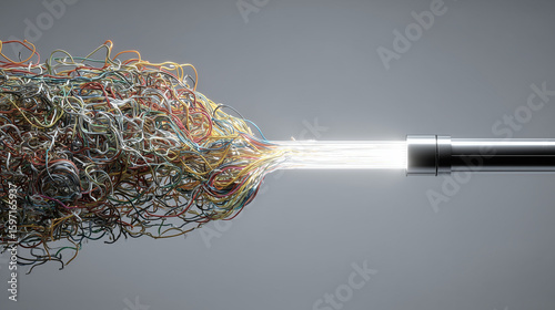 Tangled chaotic colorful wires transforming into a single coherent beam of light, a metaphor for data simplification and integration.