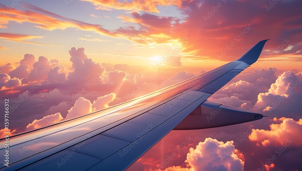 Obraz premium Airplane wing with sunset or sunny sky
