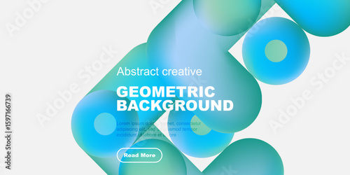 Abstract geometric background features vibrant blue, teal shapes. Text overlay includes title, sample text, button. Modern design.