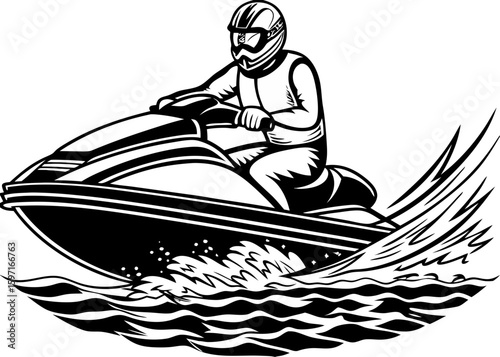 Thrilling Jet Ski Illustration - Black and White Wave Rider Art