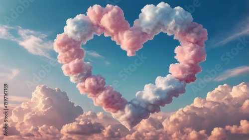 Romantic heart-shaped cloud in a bright blue sky evokes feelings of love and beautiful nature