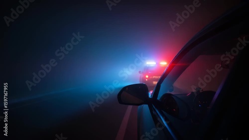 Intense chase at night with red and blue police lights reflecting on car windows